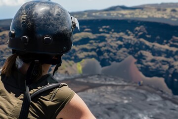 tourist wearing helmet, peering over crater edge - obrazy, fototapety, plakaty