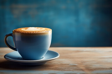 cappuccino in a blue ceramic mug on a wooden table side view