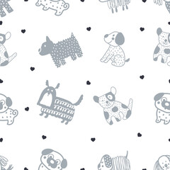Cute doggie and heart. Funny children's seamless pattern. Can be used in textile industry, paper, background, scrapbooking.Vector. - 763991237