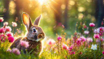 Rabbit in field of grass and blooming flowers. Cute animal. Sun shining. Spring season.