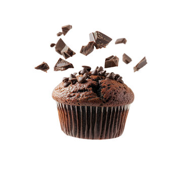 recommend clip art: Chocolate muffin flying in the air, isolated on white transparent background, ultra realistic, PNG