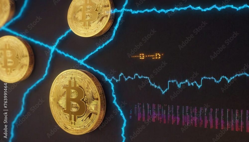 Poster a realistic bitcoin coin in sharp focus against a backdrop of market volatility, represented by elec