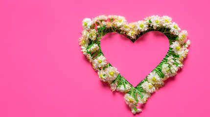 Fototapeta premium Flowers in hole in heart shaped form over pink punchy pastel background