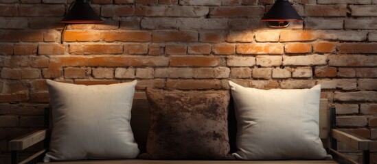 Two pillows are placed on the couch in front of a decorative brick wall, creating a cozy atmosphere with a mix of building materials and textures