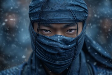 A figure enveloped in a textured blue hooded garment stands against a snowfall, evoking a sense of enigma and resilience
