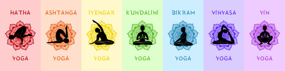 Enrich your next design with this 7 Yoga Styles Rainbow Set! Each showcases a unique vibrant mandala design, representing hatha, ashtanga, iyengar, kundalini, and more. Perfect for digital, events.