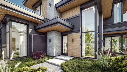 3d rendering of modern two story house with gray and wood accents, large windows, parking space in the right side of the building, surrounded by trees and bushes, green grass on lawn, daylight - obrazy, fototapety, plakaty