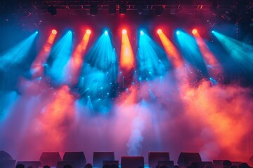 A dramatic music concert setting captured with a display of intense stage lights and smoke effects
