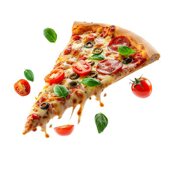 recommend clip art: A slice of Pizza Neapolitana flying in the air, isolated on white transparent background, ultra realistic, PNG
