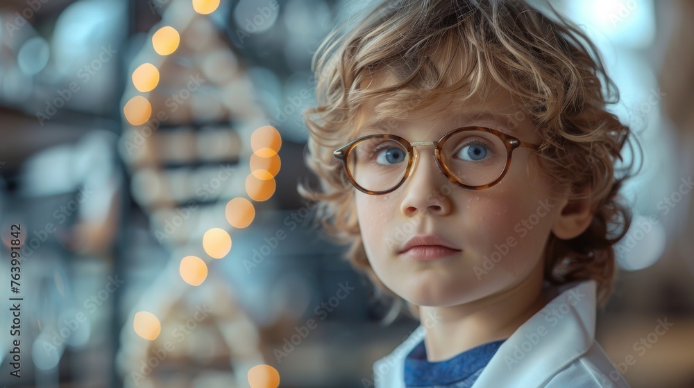 Poster young child in lab coat studying a dna model in a science class
