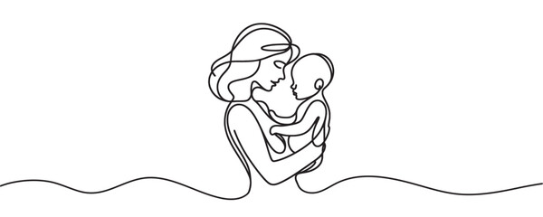 Continuous one-line drawing. A woman is holding her child, a mother is holding a small child. Vector illustration