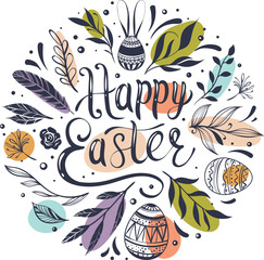 Happy Easter greeting card with hand-drawn floral elements and lettering
- 763992203