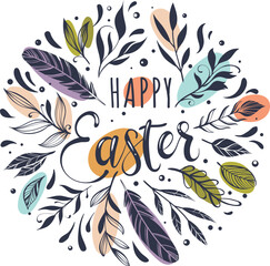 Happy Easter greeting card with hand-drawn floral elements and lettering
- 763992207
