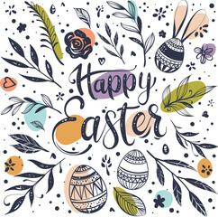 Happy Easter greeting card with hand-drawn floral elements and lettering
- 763992208