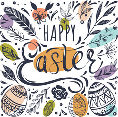 Happy Easter greeting card with hand-drawn floral elements and lettering
