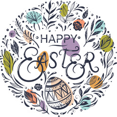 Happy Easter greeting card with hand-drawn floral elements and lettering
- 763992211