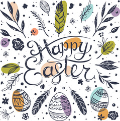 Happy Easter greeting card with hand-drawn floral elements and lettering
- 763992212