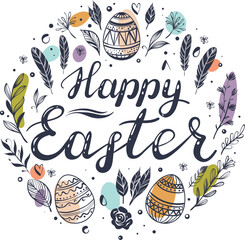 Happy Easter greeting card with hand-drawn floral elements and lettering
