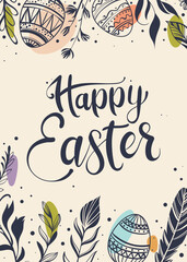 Happy Easter greeting card with hand-drawn floral elements and lettering
- 763992239