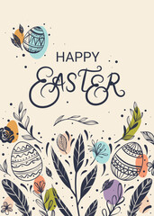 Happy Easter greeting card with hand-drawn floral elements and lettering
- 763992259