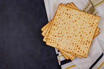 Jewish traditional holiday Passover celebrated with Pesach matzah, an unleavened flatbread