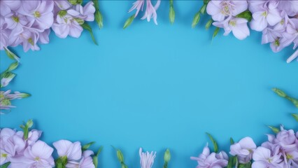 Naklejka na ściany i meble Frame of flowers on the edges of a blue background.