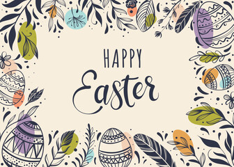 Happy Easter greeting card with hand-drawn floral elements and lettering
- 763992270