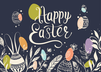 Happy Easter greeting card with hand-drawn floral elements and lettering
- 763992275