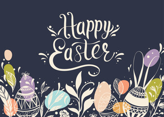 Happy Easter greeting card with hand-drawn floral elements and lettering
- 763992278