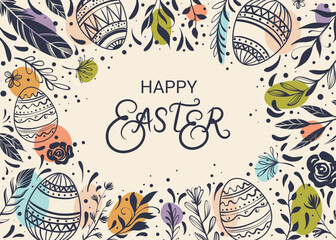 Happy Easter greeting card with hand-drawn floral elements and lettering
- 763992279