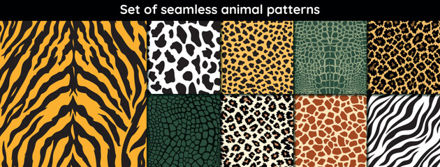 Animal skin seamless pattern set. Collection of print skins. cheetah, giraffe, tiger, zebra, leopard, alligator, jaguar, cow. Vector illustration.