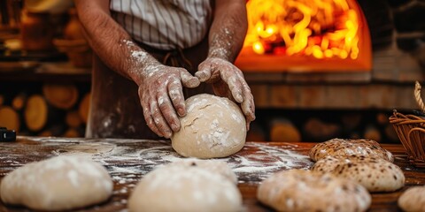 baker's strong hands sprinkled with flour knead dough on the table for baking bread in a wood-burning oven, banner