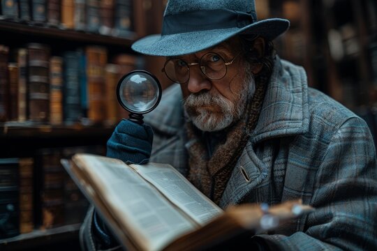 A detective-like figure examines a book in a library with a magnifying glass, searching for clues