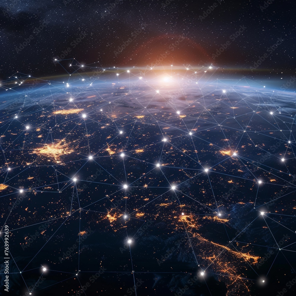 Aufkleber a digital visualization of a global network with interlinked nodes over the earth, symbolizing inter