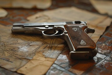 Obraz premium An old pistol rests on a vintage map, conjuring narratives of historical adventures and timeless exploration dramas