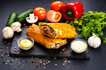 Shawarma with vegetables and meat on a black background