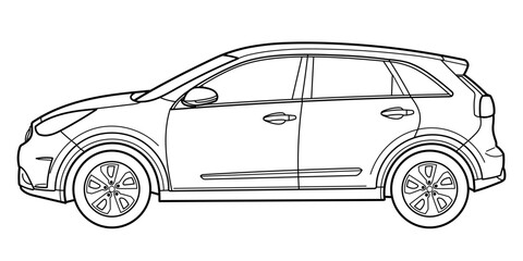 Classic suv car. Crossover car front view shot. Outline doodle vector illustration. Design for print, coloring book