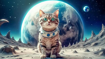 Lonely brave cat walks on the moon, space cat. cyclic video