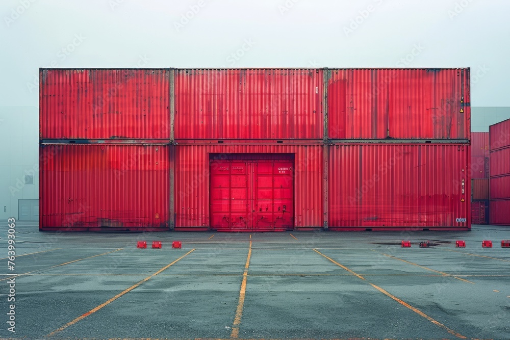 Poster stacked red shipping containers at an empty depot against a hazy background