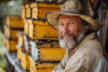 A beekeeper cloaked in traditional garb stands by beehive boxes swarming with bees on a sunny day