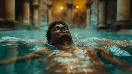 A Roman bathes in the thermal baths in Rome in ancient times.