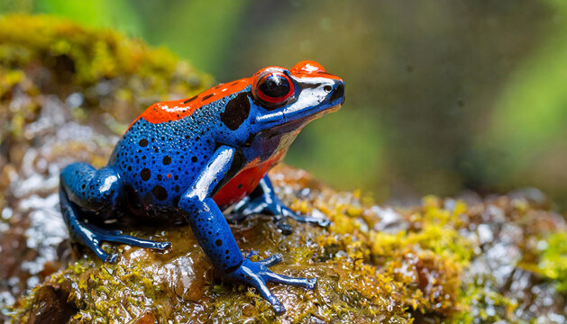 Close-up of blue-jeans frog on stone. Strawberry poison-dart frog.