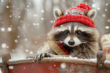 raccoon with red christmas hat in snow - obrazy, fototapety, plakaty