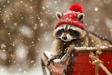 raccoon with red christmas hat in snow - obrazy, fototapety, plakaty