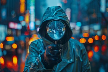A mysterious figure stands in a vibrant cityscape, holding a magnifying glass that reflects the glowing lights of the night