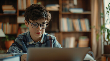 A boy with glasses sits intently at a table with a laptop, surrounded by books. The student peers at the text with passion and determination. Boy doing school assignments in the library - obrazy, fototapety, plakaty