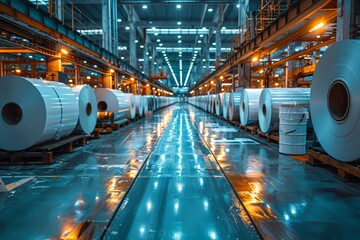 Fototapeta premium A vast warehouse interior glows with ambient light, showcasing large rolls of paper and a polished floor