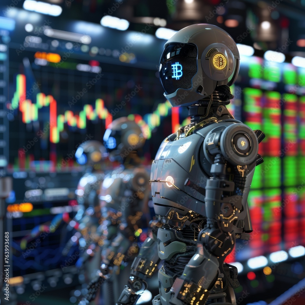 Poster a futuristic robot with a bitcoin symbol on its head stands in front of glowing trading screens, sym