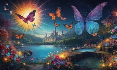 Fototapeta premium A breathtaking sunset over a peaceful lake with radiant butterflies in a dance of colors amidst blossoming flora. AI generation