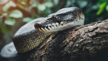Fototapeta premium Python on tree branch. Large snake. Zoo and animal concept. Blurred natural green background